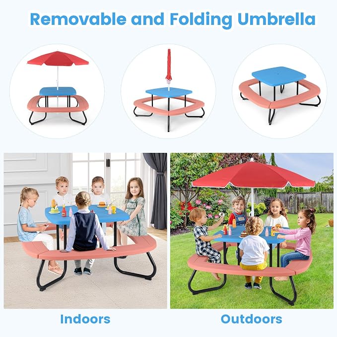 Costzon Kids Picnic Table, 8 Person Kids Outdoor Table and Chairs with Foldable & Adjustable Umbrella, 4 Built-in Benches, Toddler Outdoor Furniture for Backyard, Patio, Garden (Red)