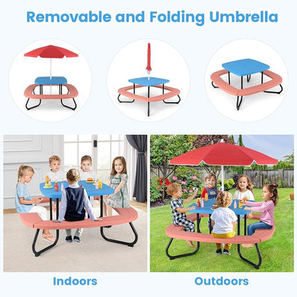 Costzon Kids Picnic Table, 8 Person Kids Outdoor Table and Chairs with Foldable & Adjustable Umbrella, 4 Built-in Benches, Toddler Outdoor Furniture for Backyard, Patio, Garden (Red)