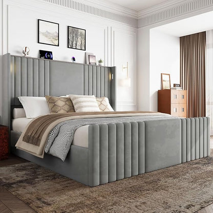 King Size Bed Frame with 55.1" Tall Headboard, Velvet Upholstered Platform Bed with Channel Tufted Wingback, 2 Reading Lights/Storage Shelf/Charging Station/Easy Assembly/Noise-Free, Grey