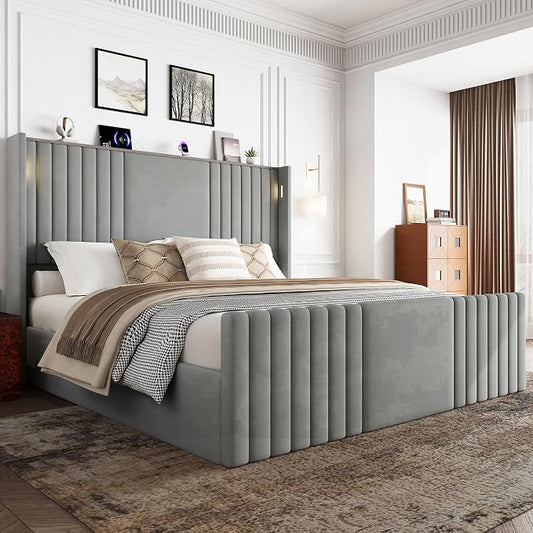 King Size Bed Frame with 55.1" Tall Headboard, Velvet Upholstered Platform Bed with Channel Tufted Wingback, 2 Reading Lights/Storage Shelf/Charging Station/Easy Assembly/Noise-Free, Grey