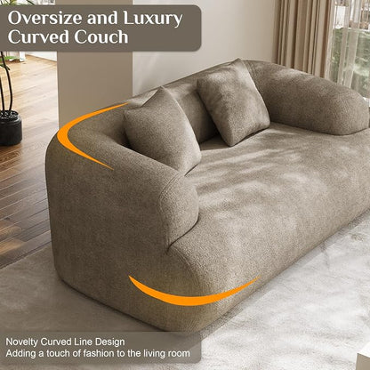 Half Moon Curved Sectional Sofa with 2 Throw Pillows, Modern Style 2-Seater Chenille Leisure Couch with Curved Backrest, Easy Assembly, for Apartment, Living Room, Bedroom, Light Brown（76 inch）