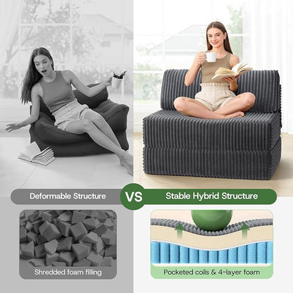 Convertible 4-in-1 Folding Sofa Bed Boneless Sleeper Chair Couch Foldable Chaise Lounger & Mattress Pocket Coils+Foam Medium Support, Portable No Assembly for Living Room/Bedroom, Twin