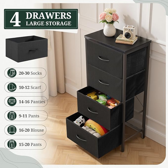 4 Drawers Dresser for Bedroom, Upgraded Fabric Storage Tower Organizer with Wooden Top and Steel Frame, Tall Chest of Drawers for Closet, Entryway, Dorm, Soft Black