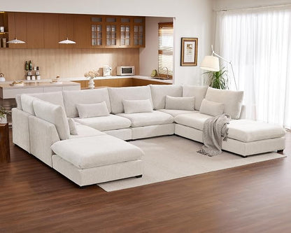 154" Oversized Chenille Couch Modular Sectional Sofa, Washable Cloud Couch Sectional with 4 Ottoman, 8 Seater Sectional Couches for Living Room, Fully Cover Removable, Sleeper Sofa, Chenille, White