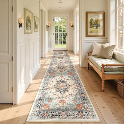 RELEANY Area Rugs Runner 2'6"x10' Washable Non-Slip, Floral Vintage Distress Medallion Carpet for Kitchen Hallway Bedroom Beside Laundry Room Bathroom, Beige Navy Blue Orange Colorful