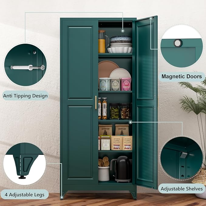 75” Metal Tall Kitchen Pantry Cabinet,Metal Storage Cabinet with Doors and Adjustable Shelves,Modern Kitchen Hutch Cabinets,Freestanding Cupboard for Office Living Room