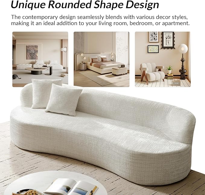 95" Modern Curved Compressed Sofa, All-Foam 3-Seater Cloud Couch with 2 Pillows, No Assembly Required Boneless Sofas for Living Room, Ivory