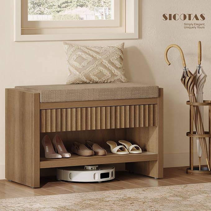 SICOTAS Fluted Shoe Bench with Drawers for Entryway Set of 2, Caramel Oak | Modern Fluted Design, 300 lb Capacity Per Bench, Comfortable Cushion, Spacious Drawer, Open Shoe Storage, Multi-Room Use