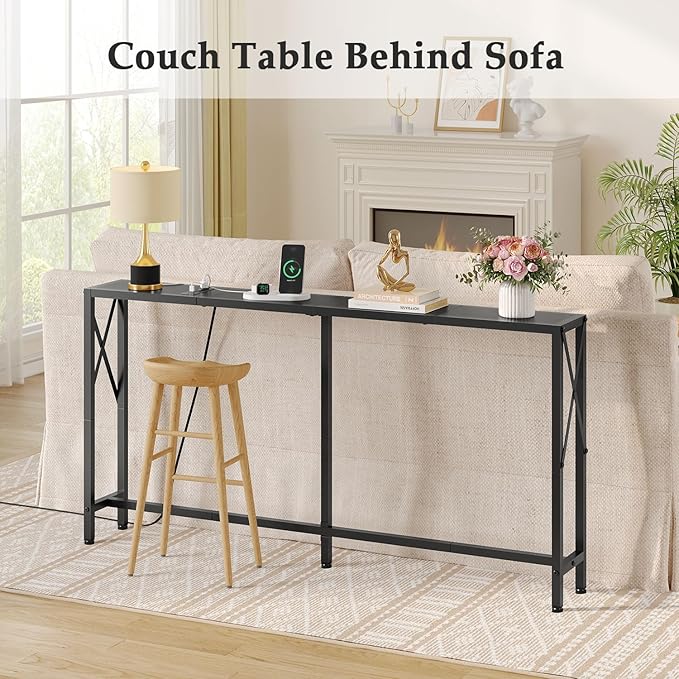 Gewudraw 55.1" Narrow Sofa Table, Console Table with Oulets & USB Ports, Entryway Table, Industrial Couch Table for Hallway, Living Room, Bedroom, 6.5 Feet Power Cord,Black