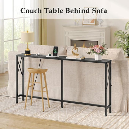 Gewudraw 55.1" Narrow Sofa Table, Console Table with Oulets & USB Ports, Entryway Table, Industrial Couch Table for Hallway, Living Room, Bedroom, 6.5 Feet Power Cord,Black