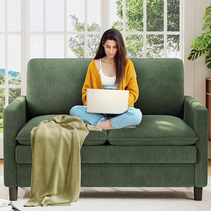 Welzona 3-Layers Cloud Loveseat Sofa, 51" Corduroy Small Couch for Living Room, Bedroom - Tool-Free Assembly Small Sofa - Green - Futon Couch - Removable Washable Covers - 650lbs Capacity