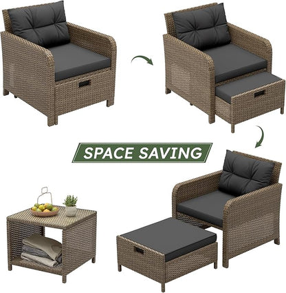 LHBcraft Outdoor Furniture 5 Piece Patio Conversation Set, PE Rattan Patio Set with Soft Cushions & Coffee Table, Outside Furniture with Hidden Ottoman for Porch, Lawn, Garden, Balcony, Black