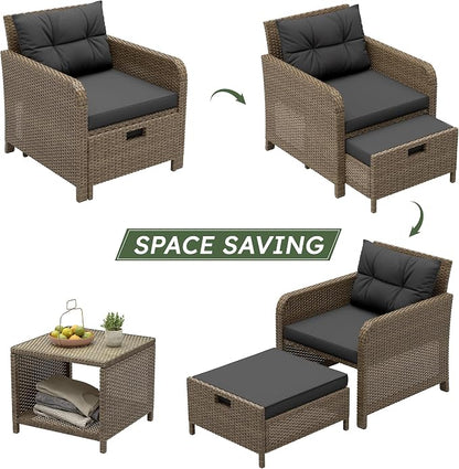 LHBcraft Balcony Furniture 5 Piece Patio Conversation Set, PE Wicker Rattan Outdoor Lounge Chairs with Soft Cushions 2 Ottoman-Glass Table for Porch