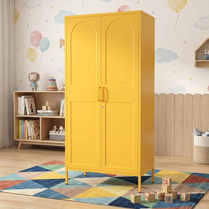 Lockable Yellow Tall Metal Wardrobe 67 Inch, Vintage Arched Door Steel Storage Cabinet with Adjustable Shelves & Leveling Feet for Home Office Bedroom Size：67" H x 31.5" W x 18.1" D