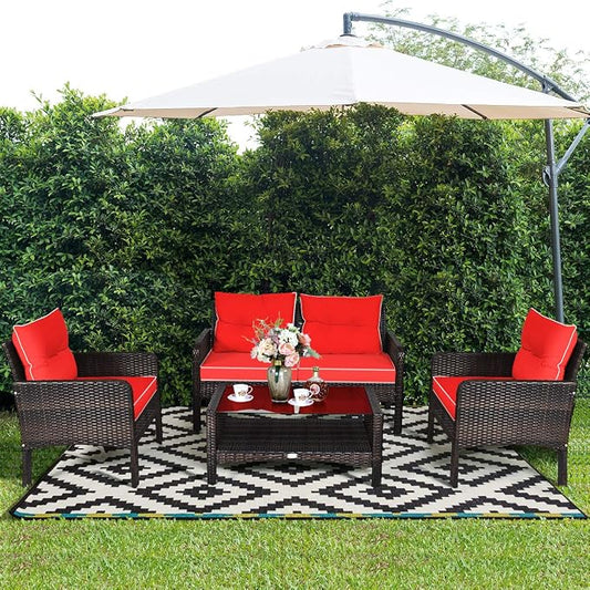 Tangkula 4 Piece Patio Furniture Set, Outdoor Wicker Conversation Set with Glass Top Coffee Table, All Weather Proof and Thick Cushions, Suitable for Porch, Garden, Poolside and Lawn (Red)