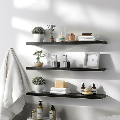YYWUOJJ Wood Floating Shelves for Wall Decor, Rustic Wall Shelves for Bedroom Bathroom Kitchen Living Room, Set of 4 Black 36 Inch