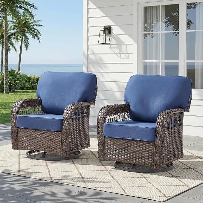 Belord Patio Chairs Set of 2, Wicker Swivel Rocker Outdoor Chairs for Deck Porch Garden, 2 Piece Luxury Patio Furniture Set,Blue