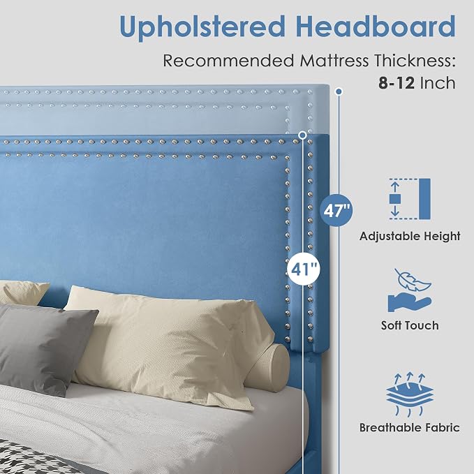 VECELO Full Size Platform Bed Frame with Height Adjustable Upholstered Headboard, Modern Mattress Foundation,Strong Wood Slat Support, No Box Spring Needed, Easy Assembly,Light Blue