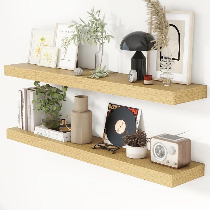 Heimlove 44 Inch Floating Shelves for Wall 8 Inch Deep Oak Shelves Set of 2,Wall Mounted Rustic Wood Long Floating Shelf，Large Display & Storage Shelf with Invisible Brackets