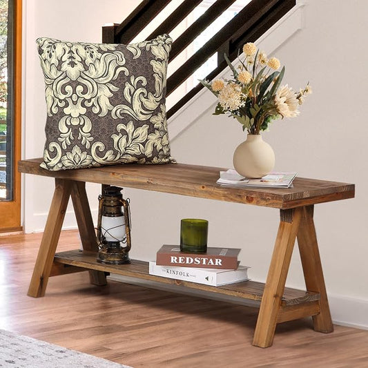 Wnutrees 43" Farmhouse Wood Bench, Long Rustic Indoor Storage Bench for Entryway, Living Room, End of Bed, Original Solid Wood Construction