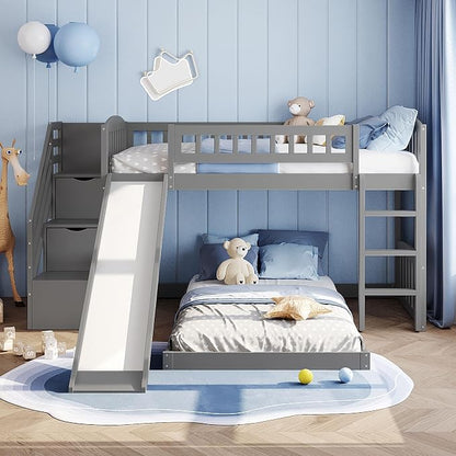 Ball & Cast Twin Over Twin Size Bunk Bed with Two Drawers and Slide,Wood Bunkbed w/Full-Length Guardrails & Storage Ladder,Space Saving,Slat Support,Bedframe for Child's Bedroom,Gray