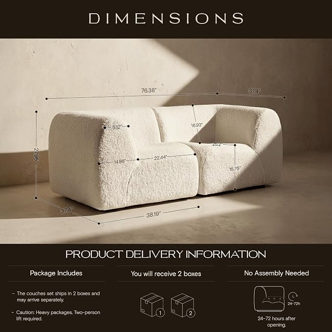76" Loveseat Modular Sofa with High-Density Foam, 2-Piece Curved Sectional Couches, Boneless Sherpa Deep Seat Couch with Armrest, Cloud Soft Lounge Modern Sofas for Living Room – No Assembly, White