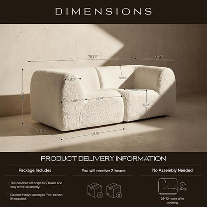 76" Loveseat Modular Sofa with High-Density Foam, 2-Piece Curved Sectional Couches, Boneless Sherpa Deep Seat Couch with Armrest, Cloud Soft Lounge Modern Sofas for Living Room – No Assembly, White