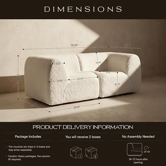 76" Loveseat Modular Sofa with High-Density Foam, 2-Piece Curved Sectional Couches, Boneless Sherpa Deep Seat Couch with Armrest, Cloud Soft Lounge Modern Sofas for Living Room – No Assembly, White
