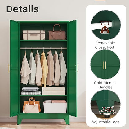 winiowa Metal Armoire Wardrobe Closet with 2 Doors, 71" Wardrobe Cabinet with Adjustable Shelves and Hanging Rod, Clothing Storage Cabinet Closet for Bedroom-Green