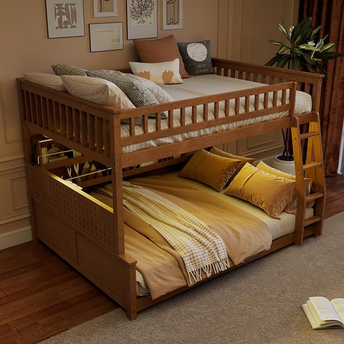 Merax Full Over Queen Bunk Bed,Wood bunk Bed with LED,Bed with Integrated Shelving, Color-Changing Lights and Pegboard, Full XL Over Queen, Brown