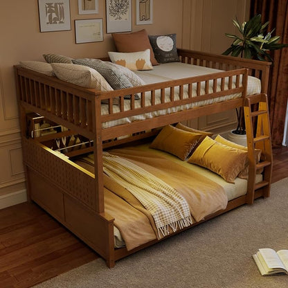 Merax Full Over Queen Bunk Bed,Wood bunk Bed with LED,Bed with Integrated Shelving, Color-Changing Lights and Pegboard, Full XL Over Queen, Brown