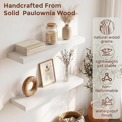 fuqing White Floating Shelves | 24 Inch Wood Floating Shelves for Wall Set of 2 | 24" W x 6.7" D x 1.4" H Rustic White Wooden Shelves for Bathroom Living Room Bedroom Kitchen
