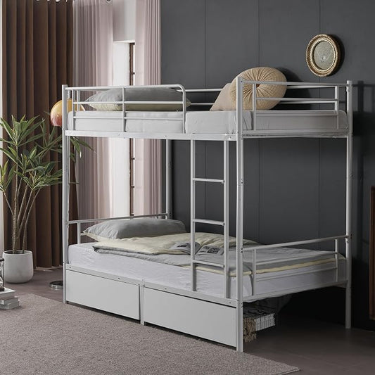 Karl home White Bunk Bed Twin Over Twin with 2 Storage Drawers, Metal Bunk Bed with Built-in Ladder and Safety Guardrail, Space-Saving Twin Bunk Beds for Kids, Teens & Adults, No Box Spring Needed