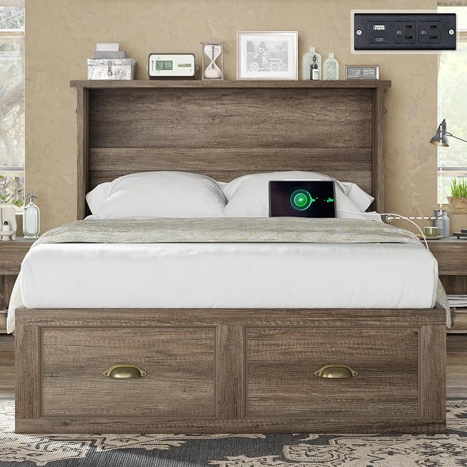 AMERLIFE Twin Size Murphy Bed, Farmhouse Wooden Cabinet with Charging Station and Storage Drawer for Bedroom/Office/Guest Room, Grey Oak