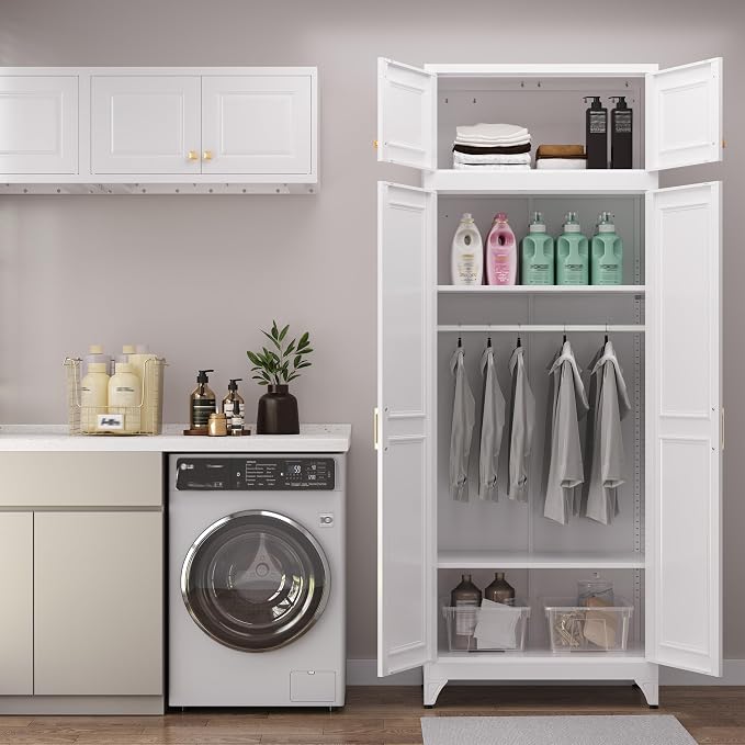 Armoire Wardrobe Closet with Hanging Rod, 86.6"Tall Metal Clothes Storage Cabinet with Doors and Adjustable Shelves, White Wardrobe Cabinet, Steel Closet for Bedroom, Bathroom, Office, School