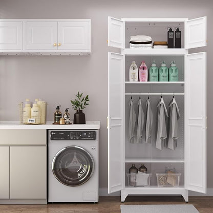 Armoire Wardrobe Closet with Hanging Rod, 86.6"Tall Metal Clothes Storage Cabinet with Doors and Adjustable Shelves, White Wardrobe Cabinet, Steel Closet for Bedroom, Bathroom, Office, School