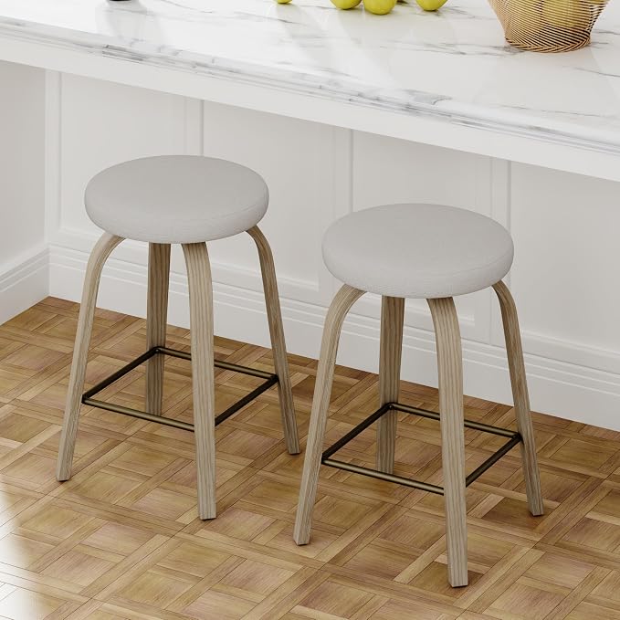 Bar Stools Set of 2, Counter Height Backless Bar Stools, 26" Swivel Barstools Kitchen Chair with Upholstered Fabric Seat, Beige