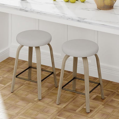 Bar Stools Set of 2, Counter Height Backless Bar Stools, 26" Swivel Barstools Kitchen Chair with Upholstered Fabric Seat, Beige