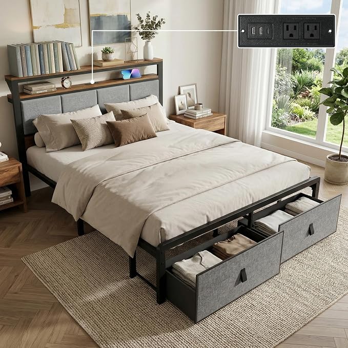 Upholstered Full Bed Frame with 2-Tier Storage Headboard, Metal Platform Bed with Charging Station, Full Size Bed Frame with 2 Under Bed Storage Drawers, No Box Spring Needed, Noise-Free