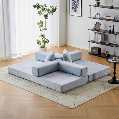 ZEIINPA Convertible Floor Sofa Bed with Fixed-Shape Frame, Modular Chenille Folding Mattress Couch with Armrest, Floor Sofa Lounge Couch for Living Room Bedroom Lounge Studio,Sky Blue