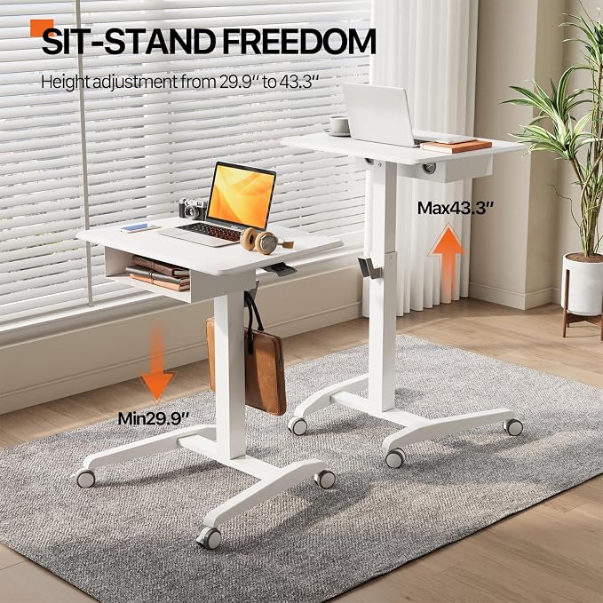 JOY worker Mobile Standing Desk with Storage Drawer, Pneumatic Height Adjustable Mobile Laptop Desk Workstation, White Rolling Cart with Wheels for Home Office Classroom