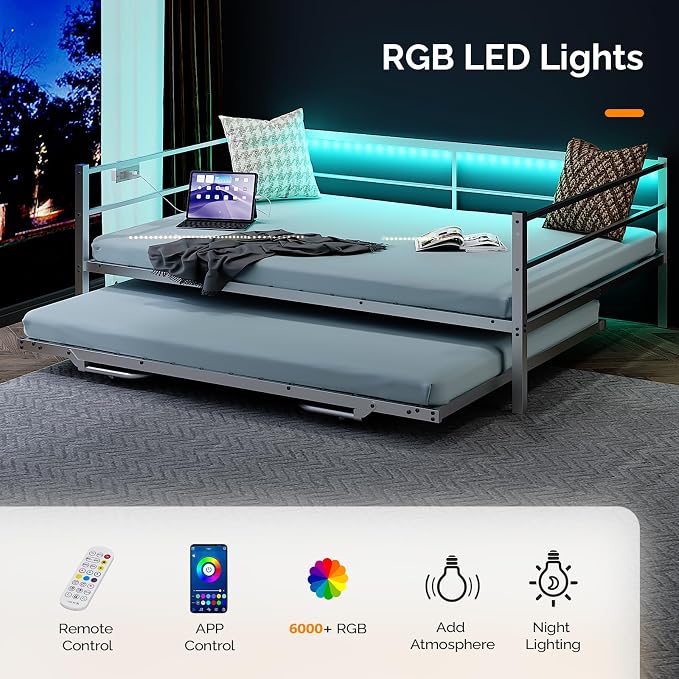 VINGLI White Full Daybed with Pop Up Trundle, Metal Sofa Day Bed Frame with LED Lights and Charging Station, Platform Bed with Trundle Bed Twin, Sturdy Steel Slats Support