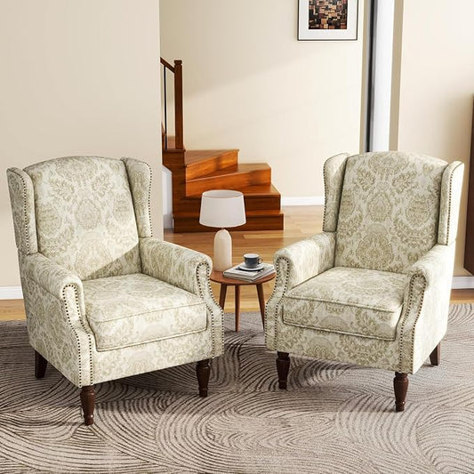 High Back Accent Chairs Set of 2, Fabric Wingback Chair Floral Upholstered Armchair for Living Room - White