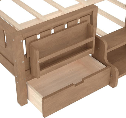 Bellemave Full Size Bed Frame with Storage Drawers & Bookshelf, Low Profile Kids Bed with Staircase & Full Length Guardrails, Solid Wood Full Size Bed Frame Kids with Slats Load 450 LBS, Oak Brown
