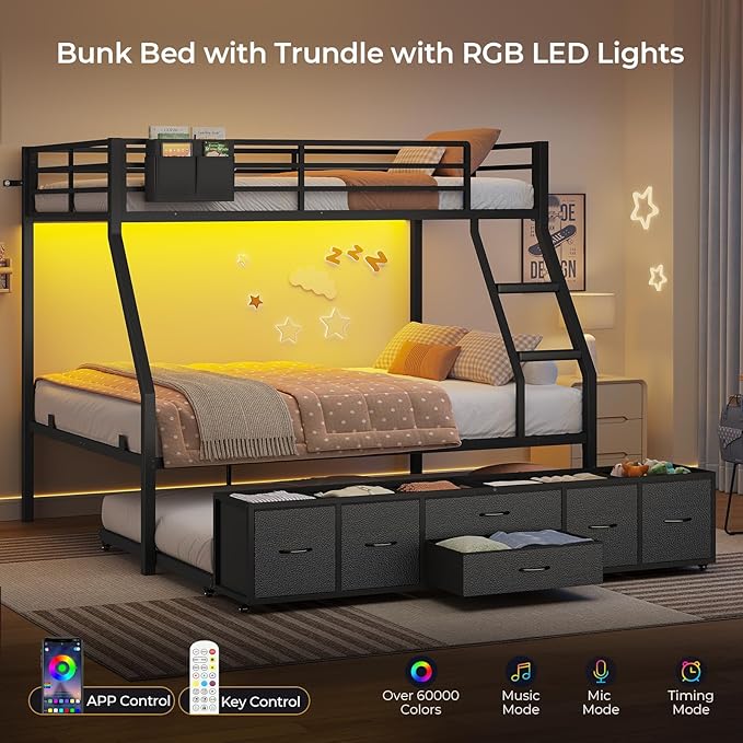 BTHFST Twin Over Full Bunk Bed with Trundle & 6 Storage Drawers, Bunk Bed with LED Lights, Heavy Duty Metal Bunkbeds with Ladder and Full-Length Guardrail, Space Saving, Black