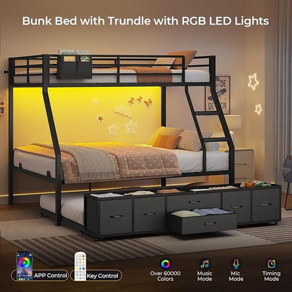 BTHFST Twin Over Full Bunk Bed with Trundle & 6 Storage Drawers, Bunk Bed with LED Lights, Heavy Duty Metal Bunkbeds with Ladder and Full-Length Guardrail, Space Saving, Black