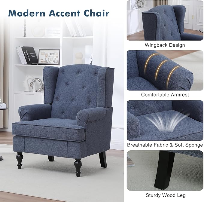 Accent Chair Set of 2, Mid Century Modern Fabric Wingback Chair, Upholstered Armchair with High Back and Vintage Legs, Comfy Single Sofa Side Reading Chair for Living Room Bedroom, Blue