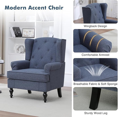 Accent Chair Set of 2, Mid Century Modern Fabric Wingback Chair, Upholstered Armchair with High Back and Vintage Legs, Comfy Single Sofa Side Reading Chair for Living Room Bedroom, Blue