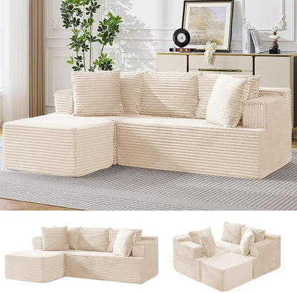 Korser Boneless Couches for Living Room, Cloud Couch Sectional with Ottoman, L-Shaped Sofa with Fluffy Comfy Corduroy Deep Seat, Bedroom, Apartment, No Assembly Required