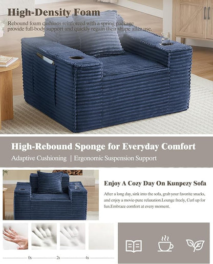 61" Boneless Sofa Couches with Cup Holder,2 Seat Loveseat Sofas with Side Pocket for Compact Living Rooms, Apartments (Blue, Loveseat Sofa)